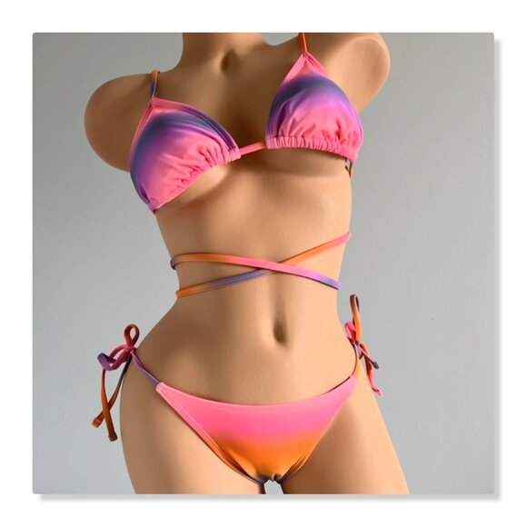 No Boundaries Strappy Wrap Triangle String Bikini Ombre Sunset NWT - Picture 8 of 16